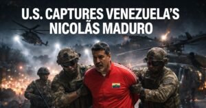 U.S. special forces escort Venezuelan President Nicolás Maduro during a nighttime military operation in Caracas, with helicopters and fires visible in the background.