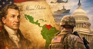 Illustration showing President James Monroe, a map of Latin America highlighting Venezuela, and U.S. military and government symbols representing the Monroe Doctrine and modern U.S. influence in the region.