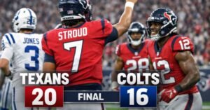 Houston Texans quarterback C.J. Stroud celebrates as the Texans defeat the Indianapolis Colts 20–16 at NRG Stadium in Houston.