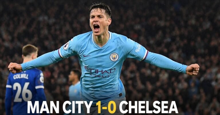 Manchester City midfielder Tijjani Reijnders celebrates after scoring against Chelsea during their Premier League match at the Etihad Stadium, with the halftime score showing City leading 1-0.